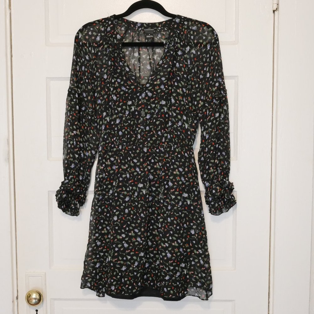 Club Monaco Flower Dress with Ruffles 100% Silk